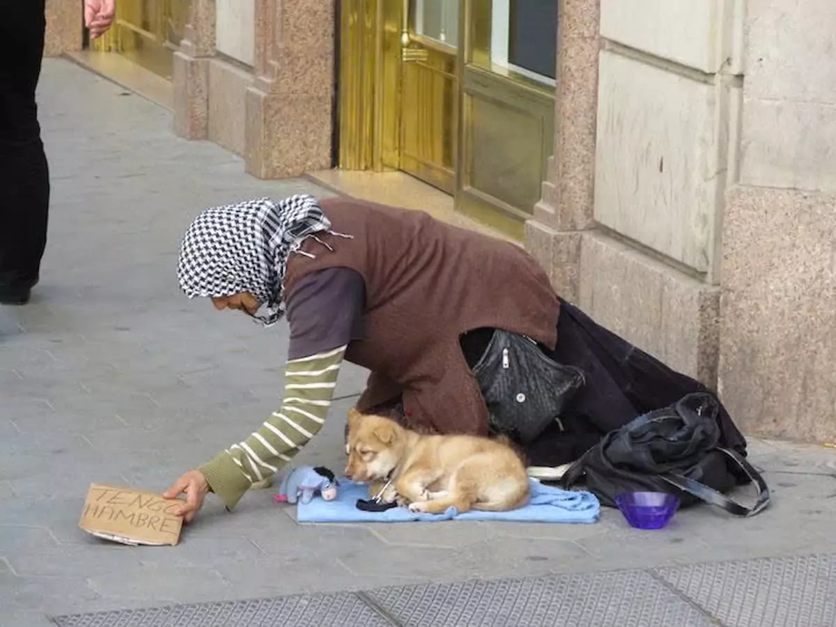 The elderly man had to go begging, but he never thought of abandoning his four-legged friend