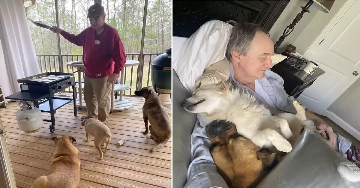 A woman is surprised to find her father peacefully napping, surrounded by all the neighbor’s dogs cuddled up beside him ‎